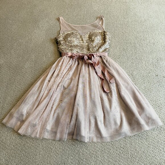 Hailey Adrianna Papell Mini Dress Formal Prom Beige Pink Sequin Tulle Skirt XS - Picture 1 of 12